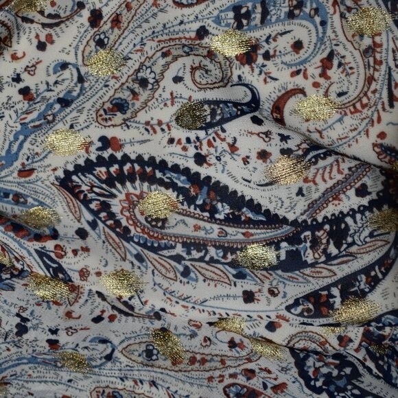 Womens Paisley Long Sleeve Blouse Small Gold V Neck Retro Boho Shimmer Top - Picture 11 of 12
